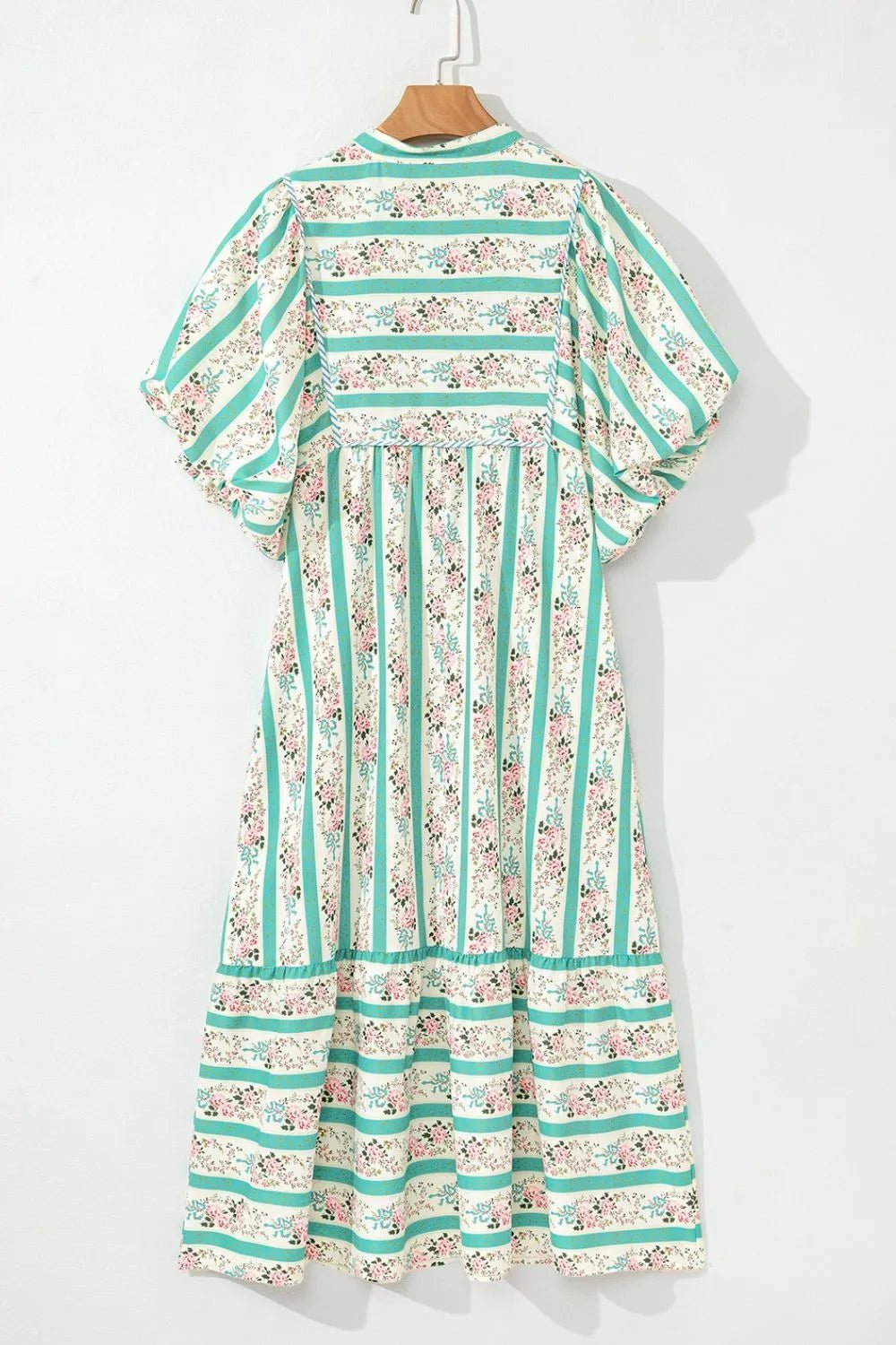 Striped Floral Print Tie Neck Puff Sleeve Midi Dress - adritiX