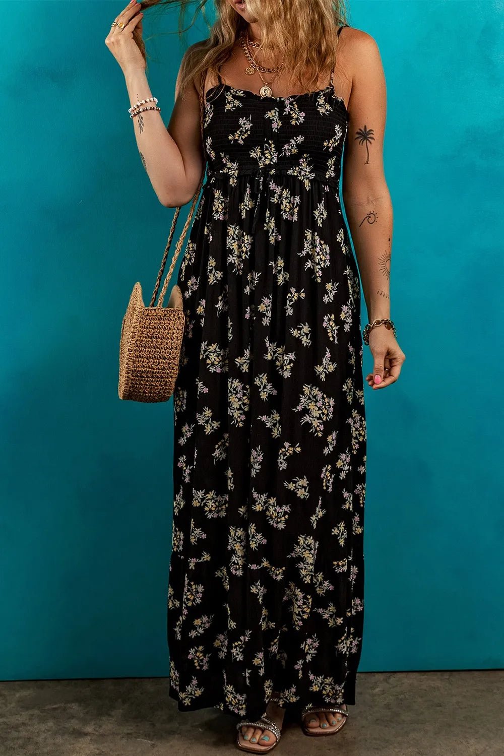 Floral Spaghetti Strap Shirred Bodice Tied Empire Waist Maxi Dress - adritiX