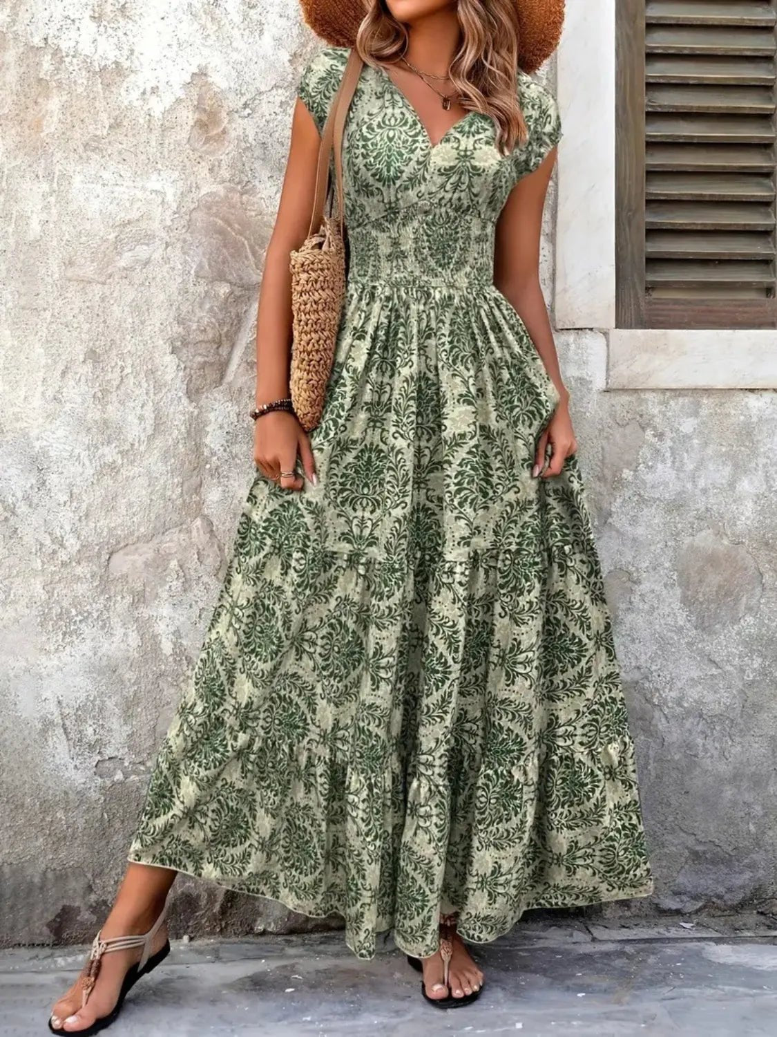 Vintage Floral Cap Sleeve Maxi Dress - adritiX