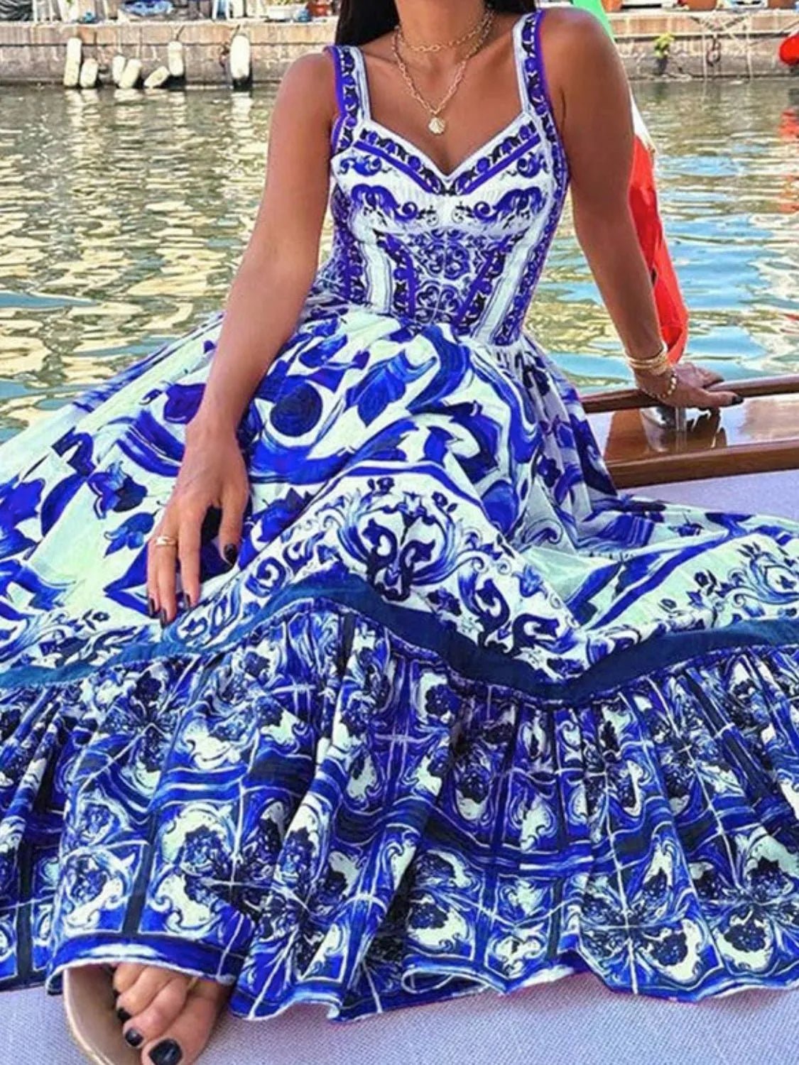 Smocked Printed Wide Strap Dress - adritiX