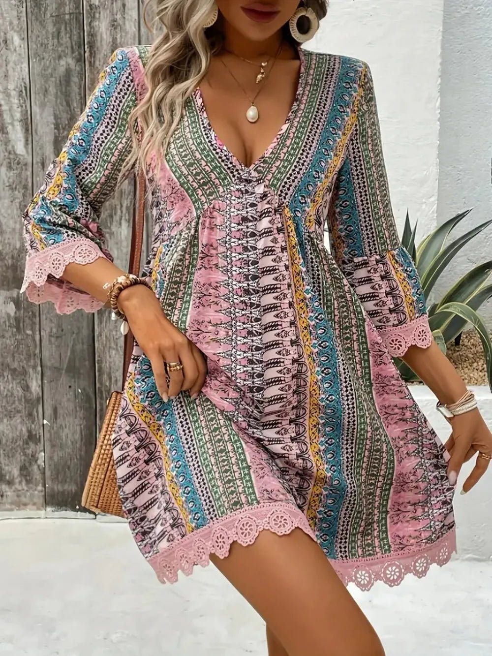 Elegant Lace Trim Printed V-Neck 3/4 Sleeve Dress - adritiX