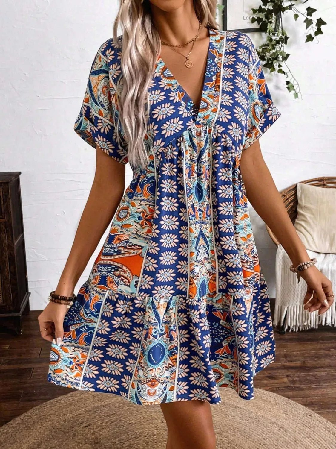 Printed V-Neck Short Sleeve Dress - adritiX
