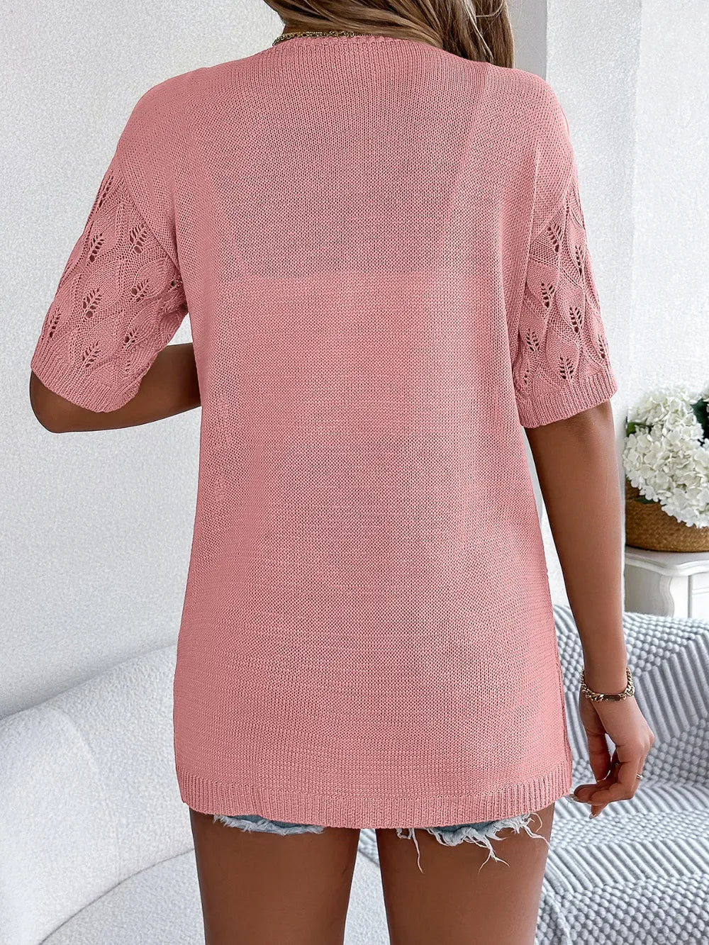 Openwork Open Front Short Sleeve Cardigan - adritiX