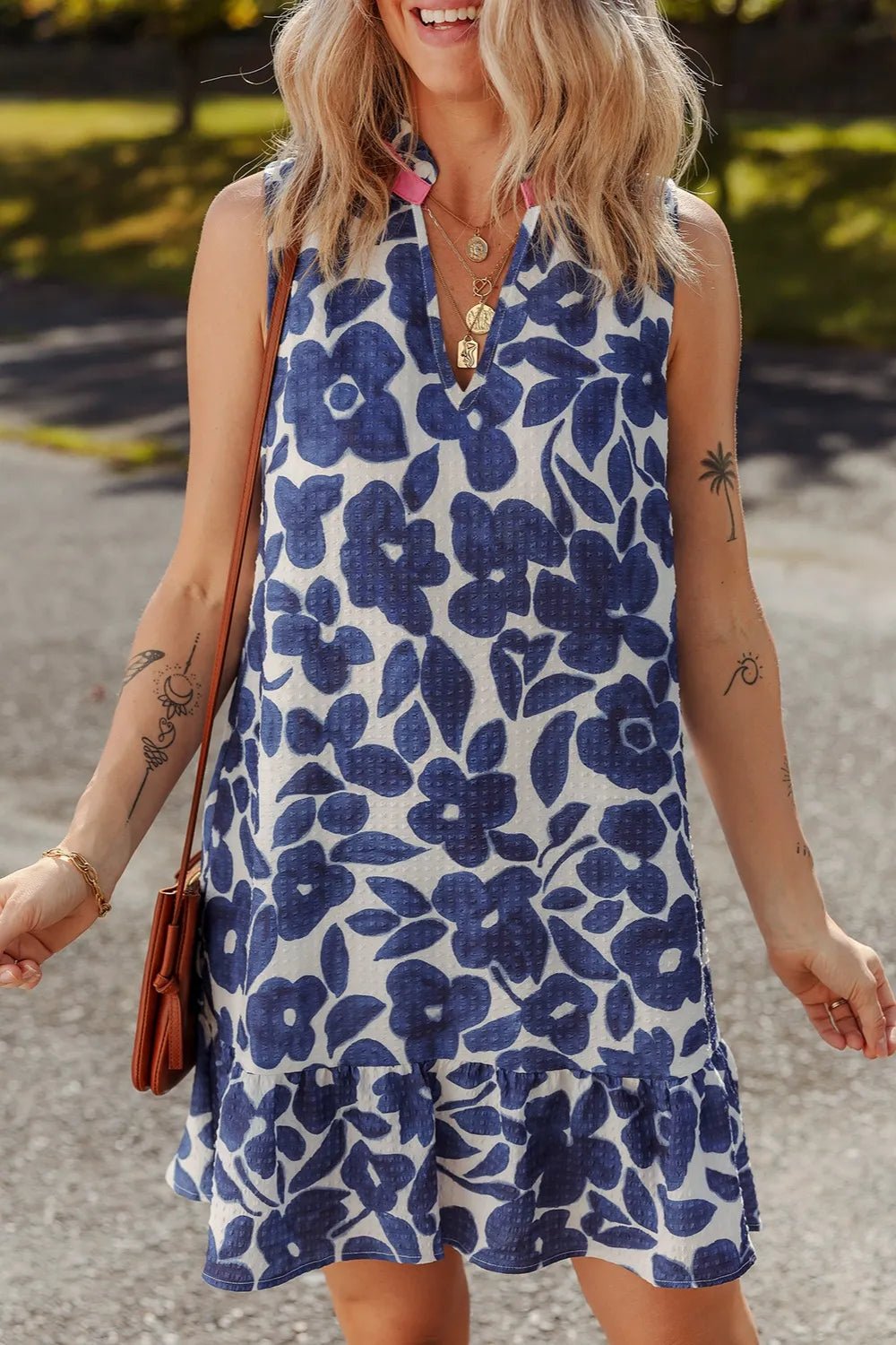Floral Sleeveless Color Block Notched V Neck Mini Dress - adritiX