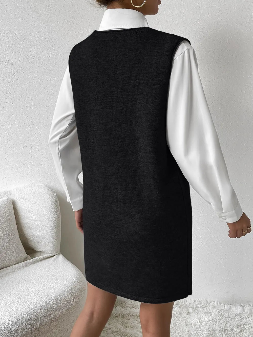 V-Neck Sleeveless Sweater Dress with Pockets - adritiX