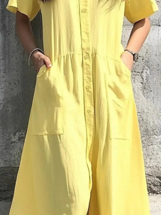 Button Front Short Sleeve Midi Dress - adritiX