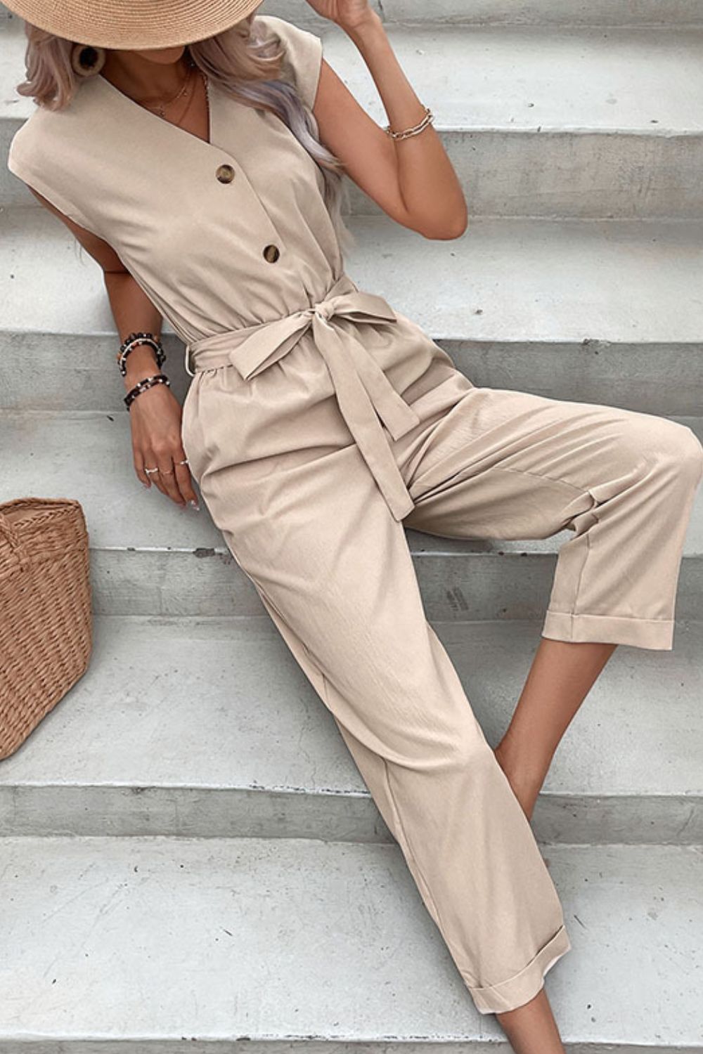 Elegant Perfee Capped Sleeve Belted V-Neck Jumpsuit - adritiX