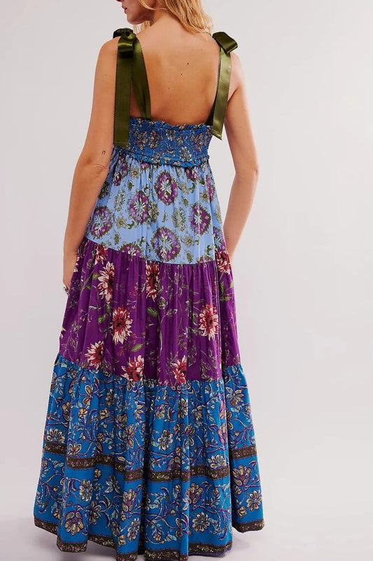 Floral Tiered Maxi Dress with Mixed Print Design - adritiX