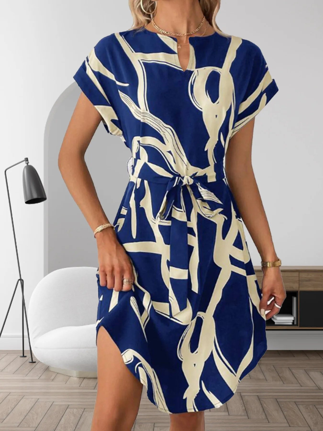 Abstract Print Belted Short Sleeve Midi Dress - adritiX