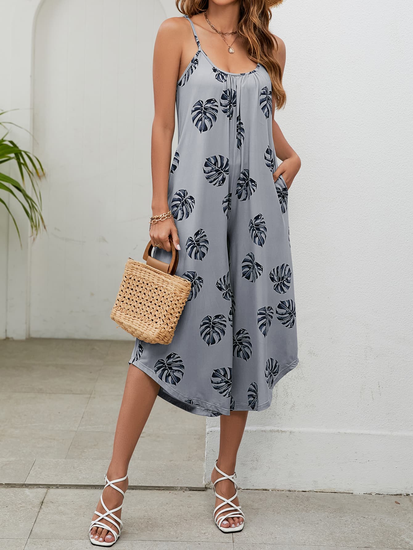 Elegant Botanical Print Spaghetti Strap Scoop Neck Jumpsuit - adritiX