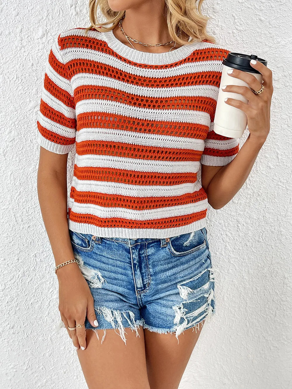 Openwork Striped Round Neck Short Sleeve Knit Top - adritiX