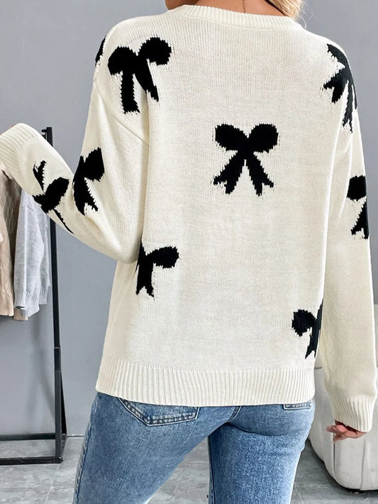 Perfee Bow Graphic Round Neck Long Sleeve Sweater - adritiX