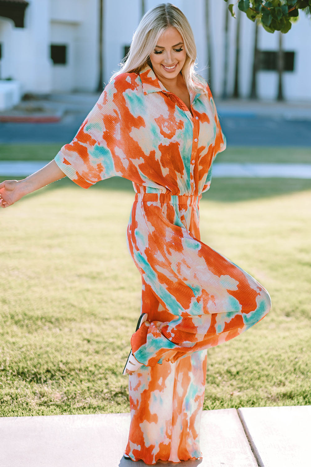 Elegant Tie-Dye Collared Wide Leg Jumpsuit - adritiX