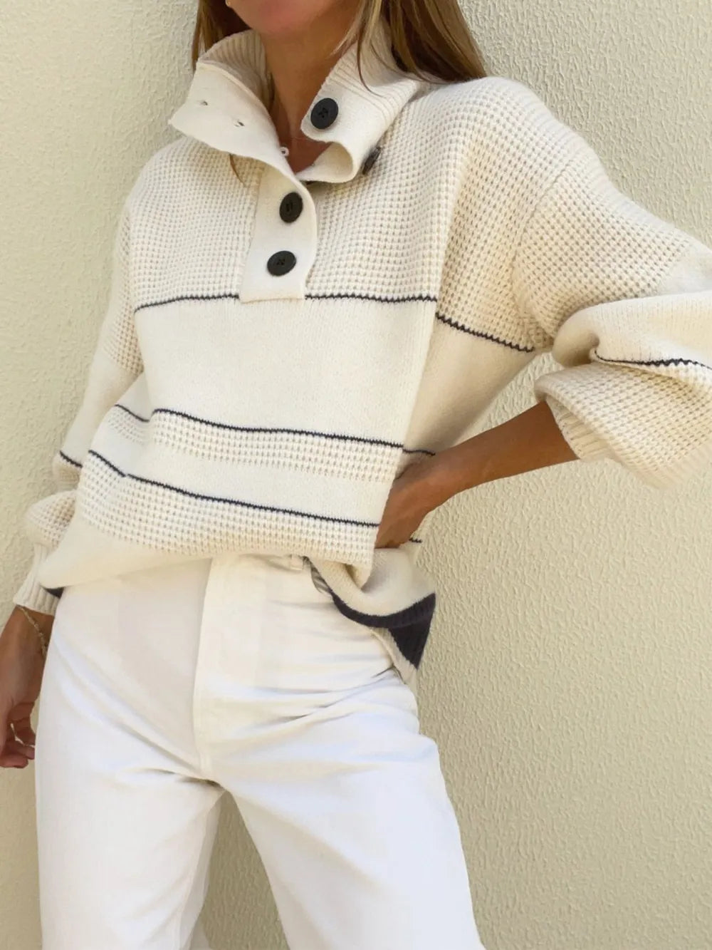 Elegant Waffle-Knit Half Button Long Sleeve Sweater - adritiX