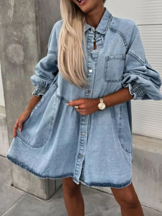 Oversized Long Sleeve Button-Up Denim Dress - adritiX