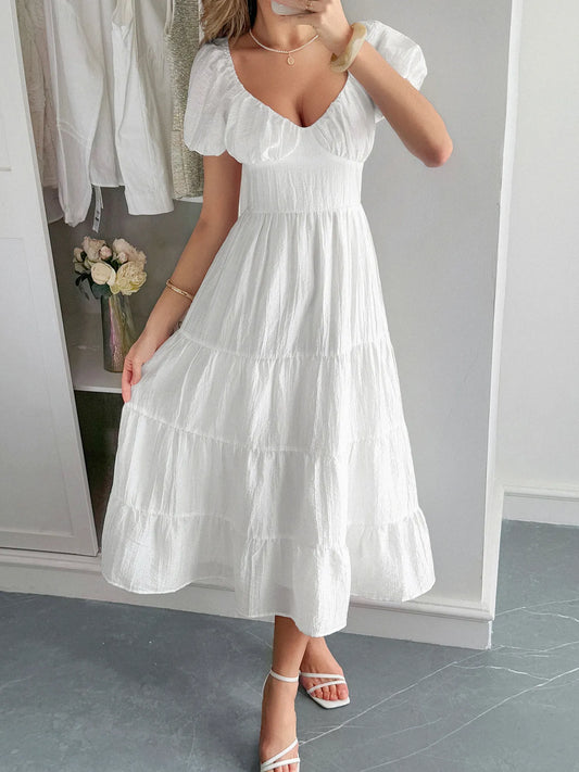 Elegant V-Neck Short Sleeve Midi Dress - adritiX