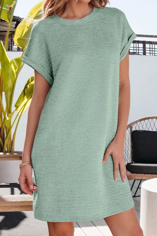 Solid Color Textured Crinkle Short Sleeve T Shirt Dress - adritiX