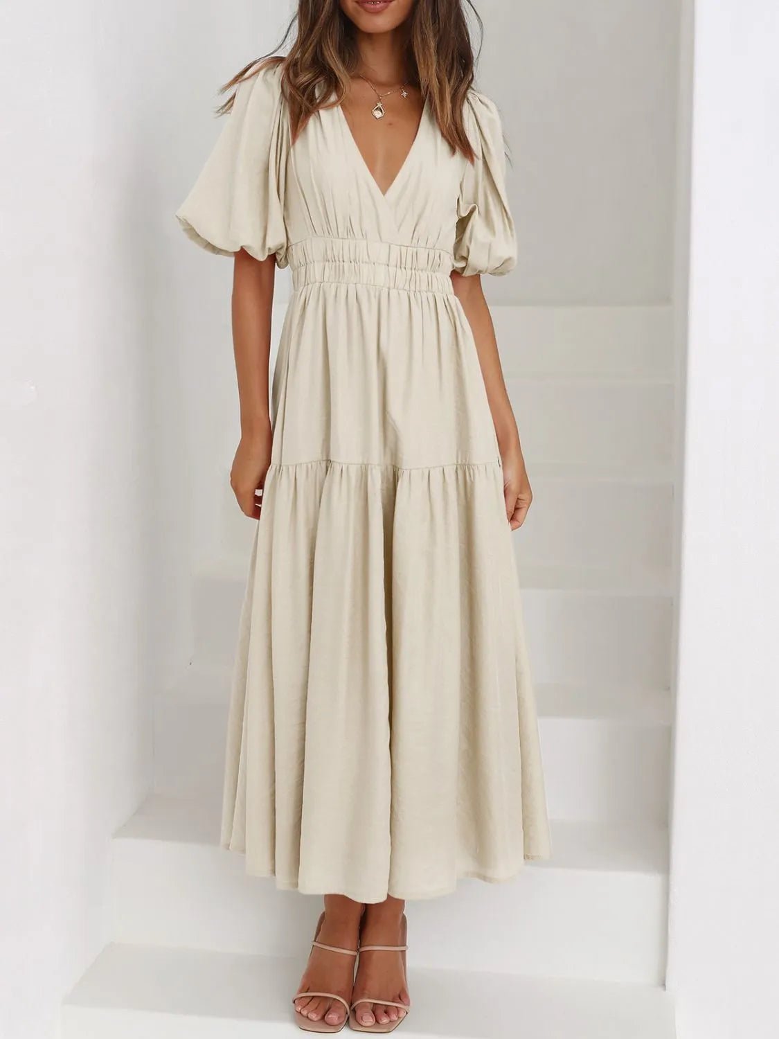 V-Neck Puff Sleeve Midi Dress - adritiX