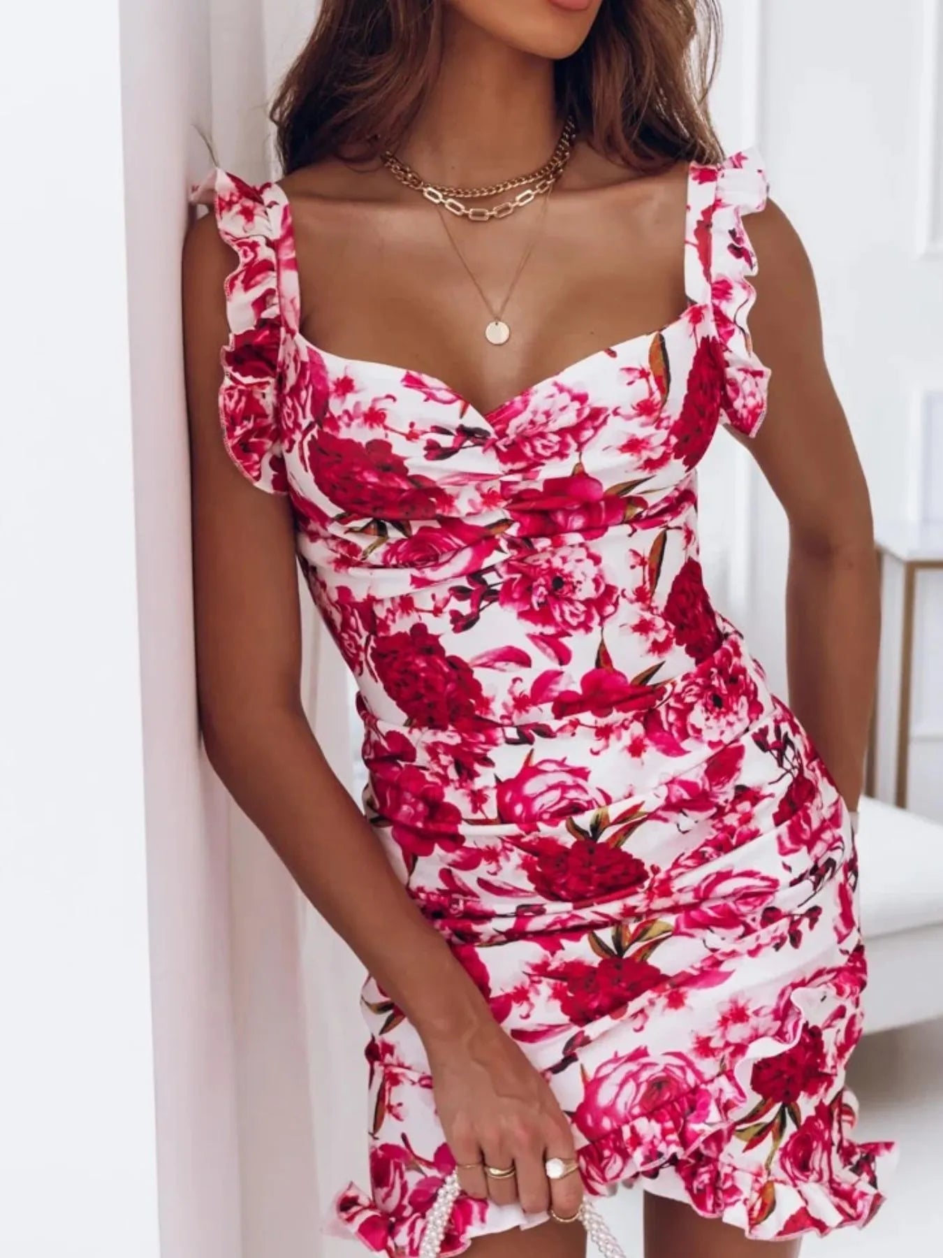 Floral Ruffle Strap Sweetheart Neck Mini Dress - adritiX