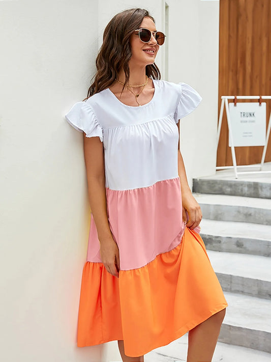 Plus Size Color Block Tiered Ruffle Summer Dress - adritiX