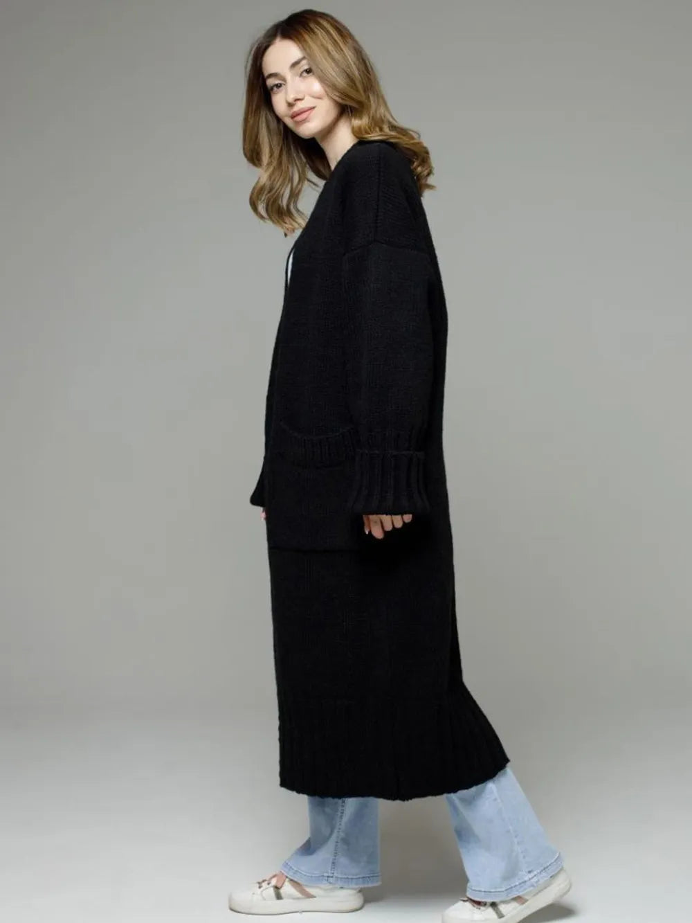 Pocketed Open Front Dropped Shoulder Cardigan - adritiX