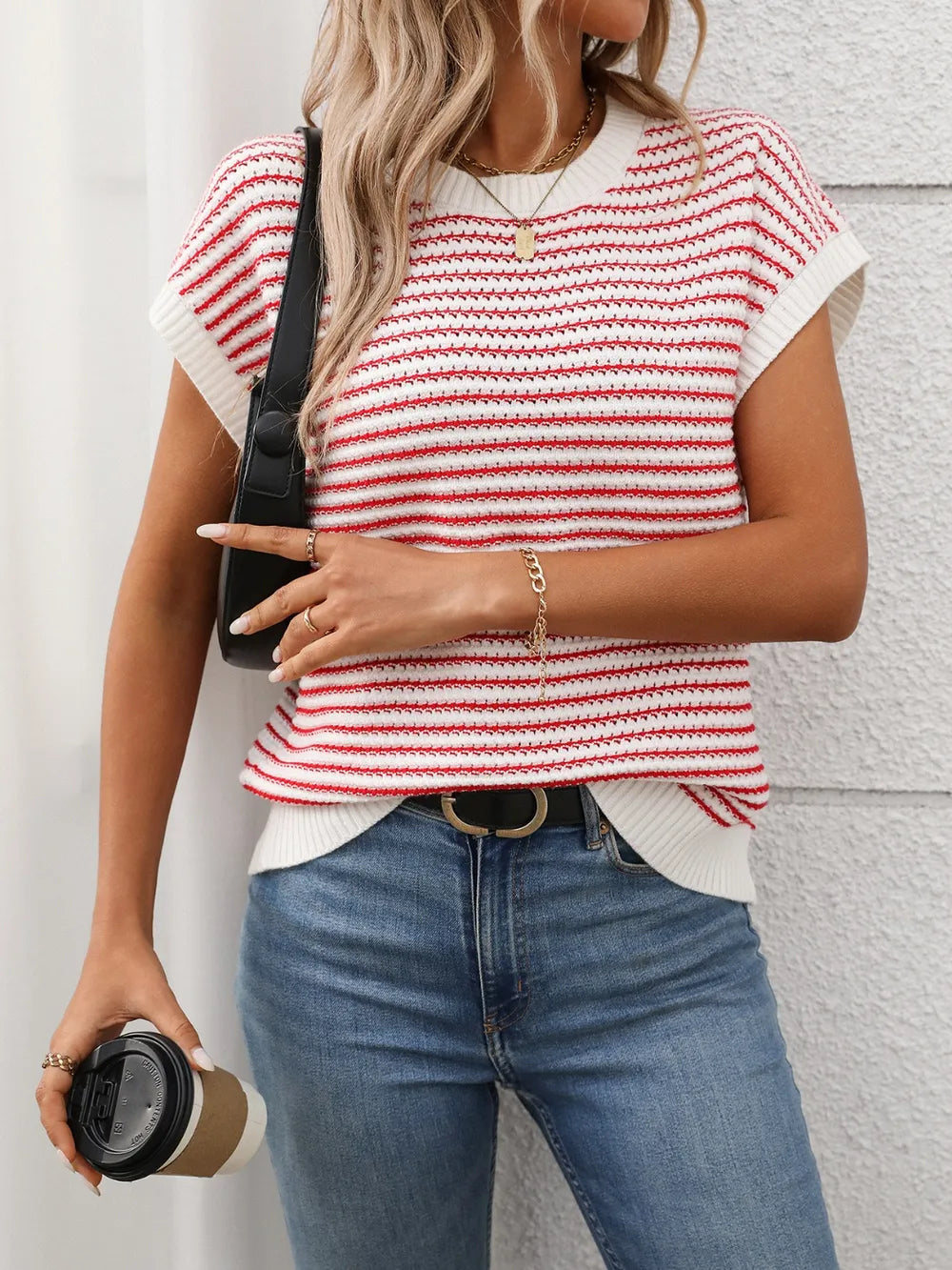 Striped Round Neck Short Sleeve Knit Top - adritiX
