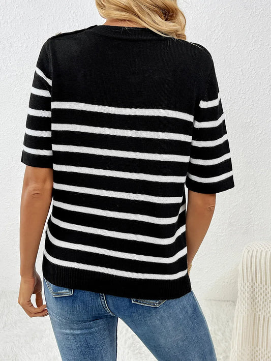 Striped Round Neck Half Sleeve Knit Top - adritiX