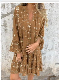 Elegant Bronzing Fashion Horn Lace Sleeve Hollow Dress - adritiX