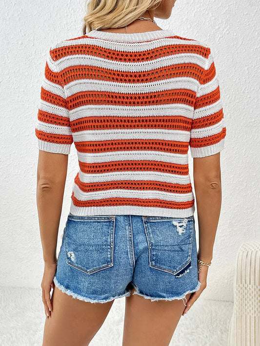 Openwork Striped Round Neck Short Sleeve Knit Top - adritiX