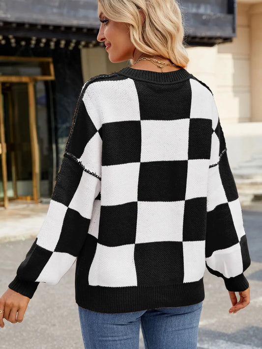 Checkered Round Neck Long Sleeve Sweater - adritiX