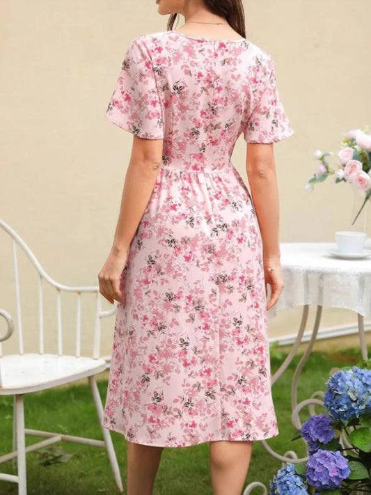 Floral Print V-Neck Belted Midi Dress - adritiX