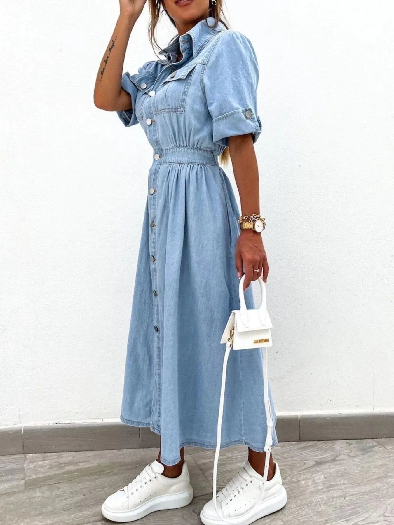 Full Size Button Down Roll-Up Sleeve Denim Shirt Dress Plus Size - adritiX