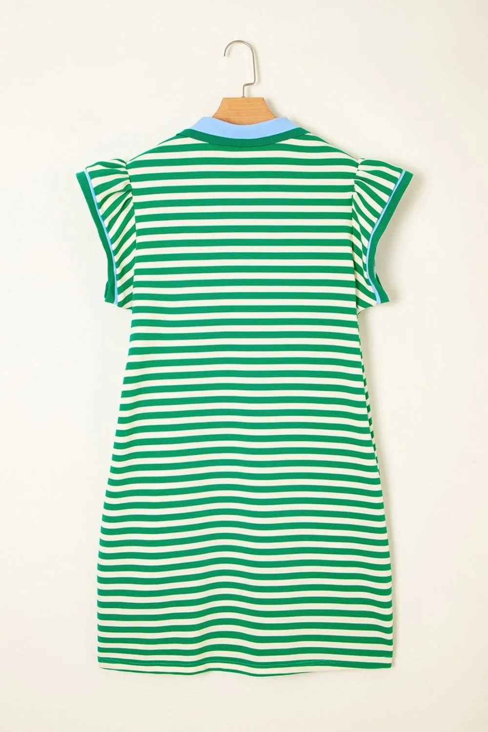 Elegant Stripe Print Contrast Collar Split Neck Flutter Sleeve Dress - adritiX