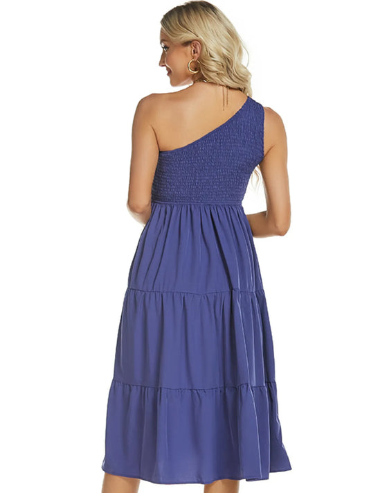 One-Shoulder Tiered Midi Dress with Smocked Bodice - adritiX