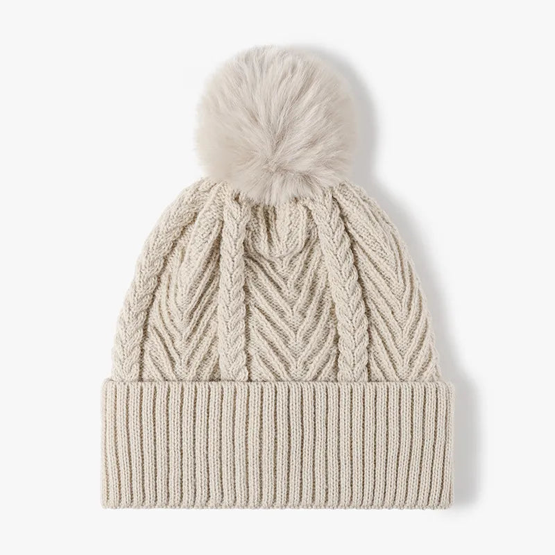 Cable Knit Solid Color Hat with Pompom - adritiX