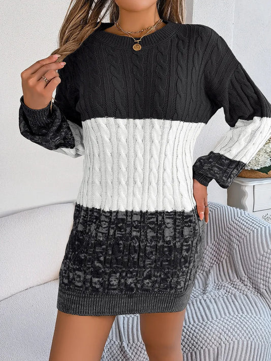 Cable-Knit Round Neck Color Block Sweater Dress - adritiX