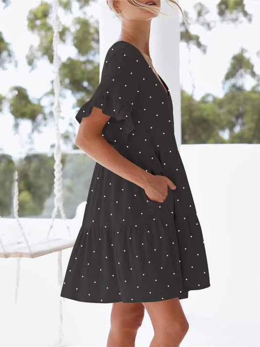Polka Dot V-Neck Short Sleeve Mini Dress - adritiX