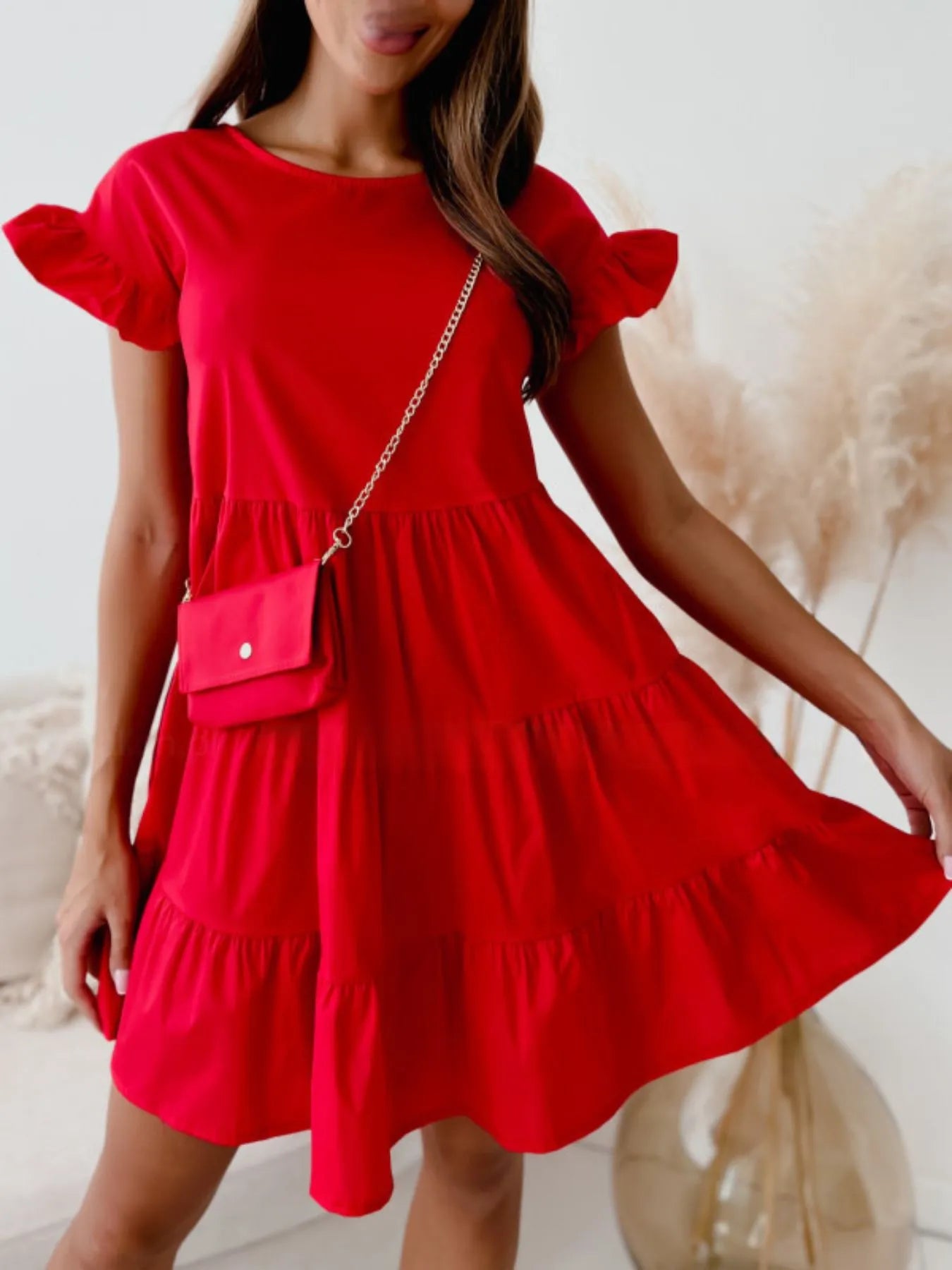 Ruffle Sleeve Tiered Swing Dress - adritiX