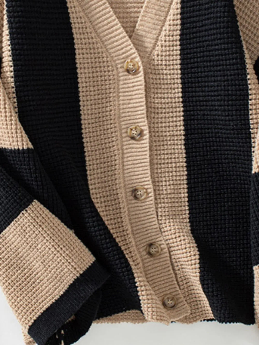 Waffle-Knit V-Neck Striped Long Sleeve Cardigan - adritiX