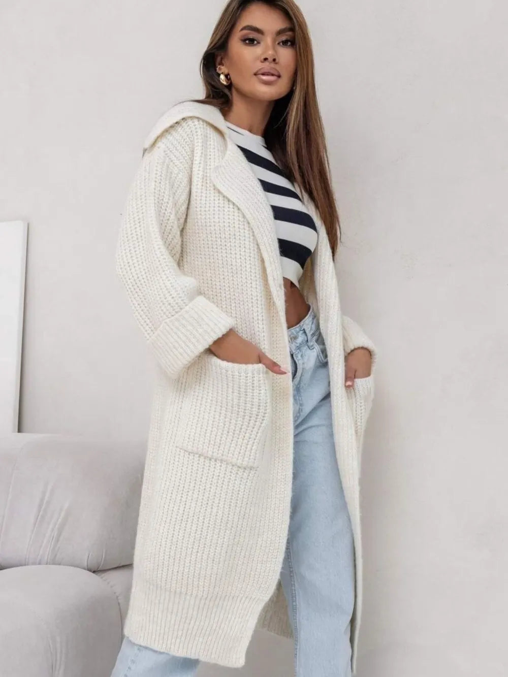 Pocketed Collared Neck Dropped Shoulder Cardigan - adritiX
