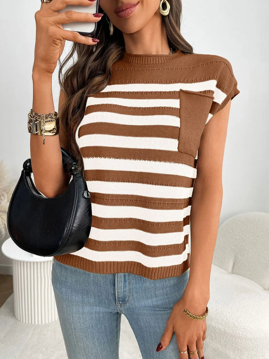 Striped Mock Neck Cap Sleeve Knit Top - adritiX