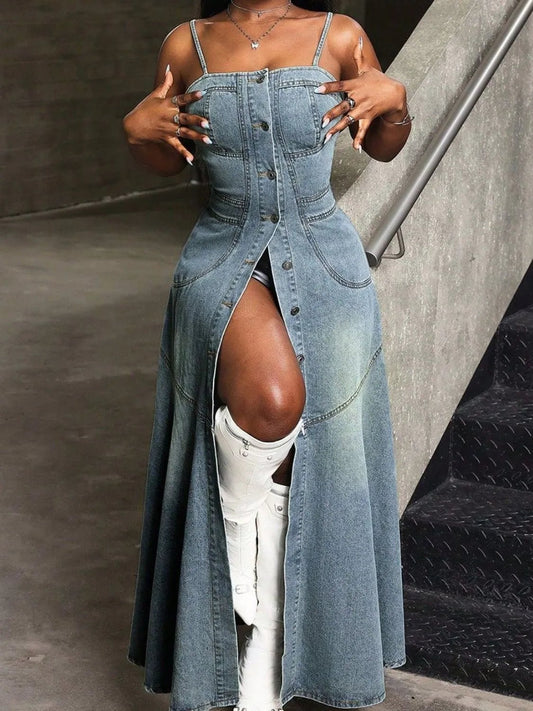 Smocked Button Front Denim Cami Dress - adritiX