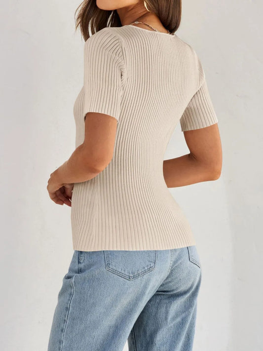 Elegant Ribbed Square Neck Short Sleeve Knit Top - adritiX