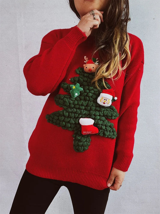 Elegant Christmas Tree Round Neck Long Sleeve Sweater - adritiX
