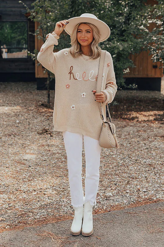 HELLO Flower Round Neck Long Sleeve Sweater - adritiX