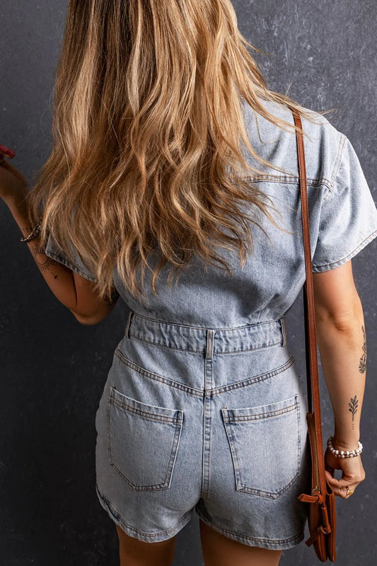 Elegant Washed Button Down Pocketed Denim Romper - adritiX