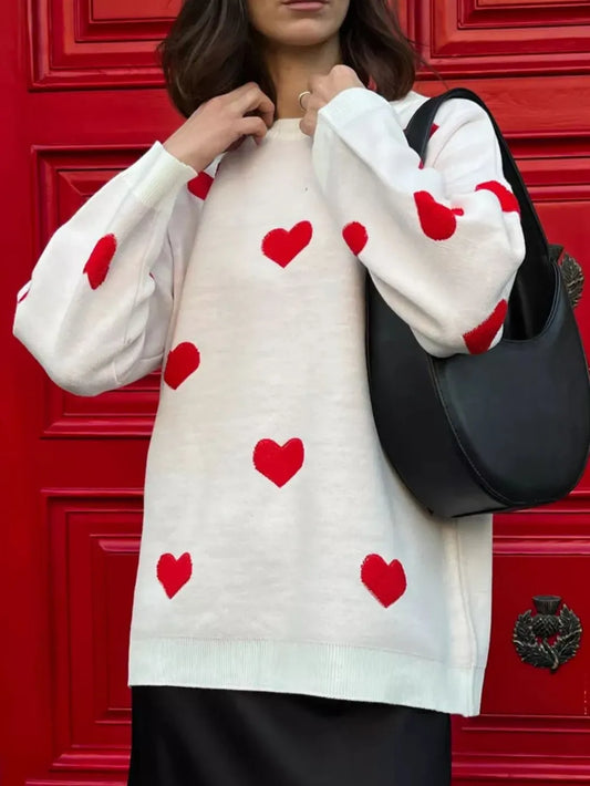 Heart Round Neck Dropped Shoulder Sweater - adritiX