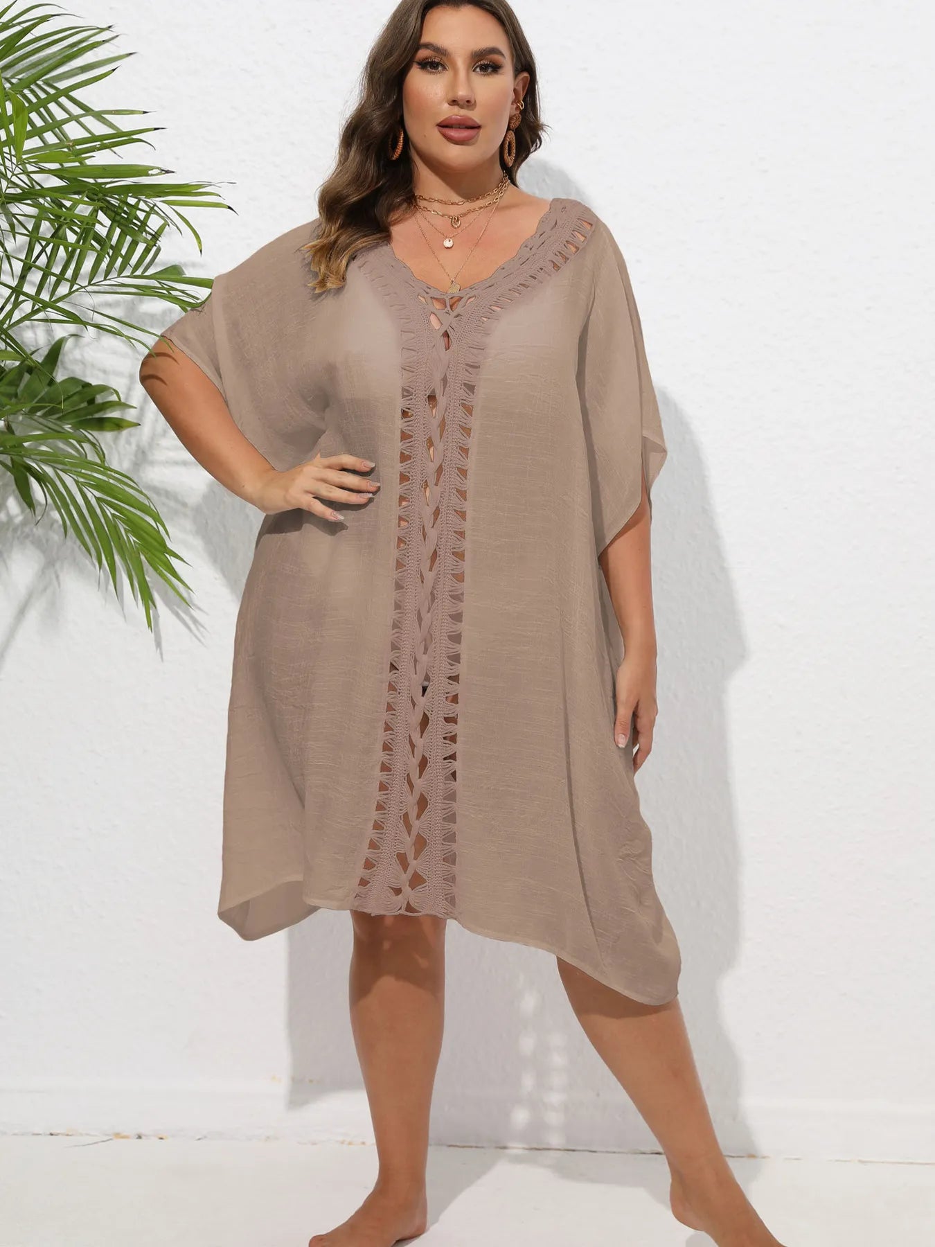 Crochet Trim V-Neck Beach Cover Up Dress - adritiX
