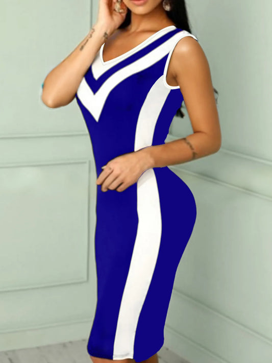 V-Neck Colorblock Sleeveless Bodycon Dress - adritiX
