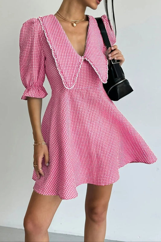 Gingham Puff Sleeve Mini Dress - adritiX